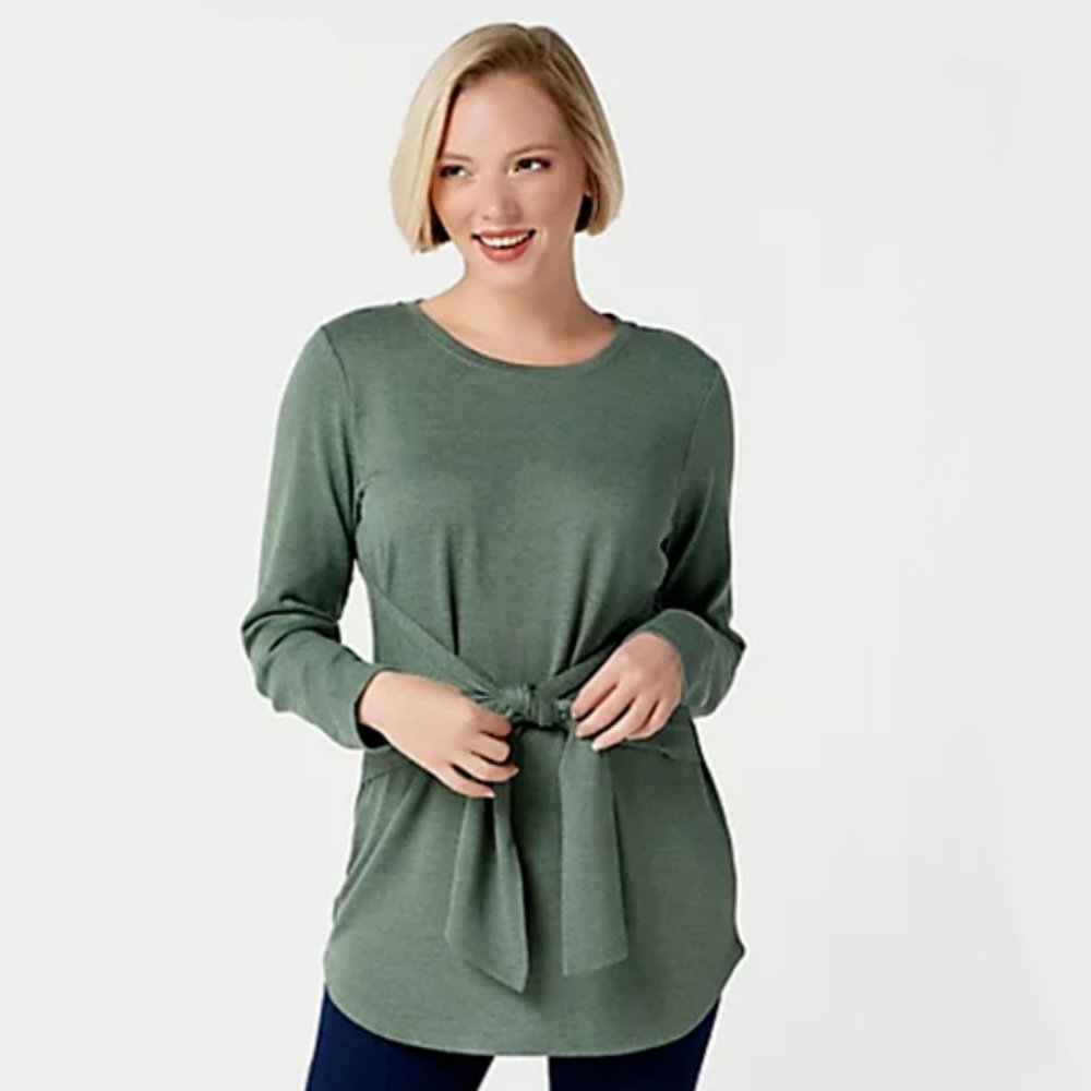NWT - Studio/Denim & Co. green knit top with tie front